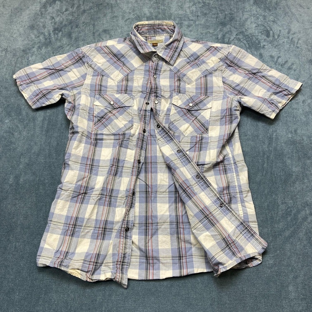 Sonoma Life Style Western Shirt Mens Medium White Purple Plaid Pearl Snap Cowboy